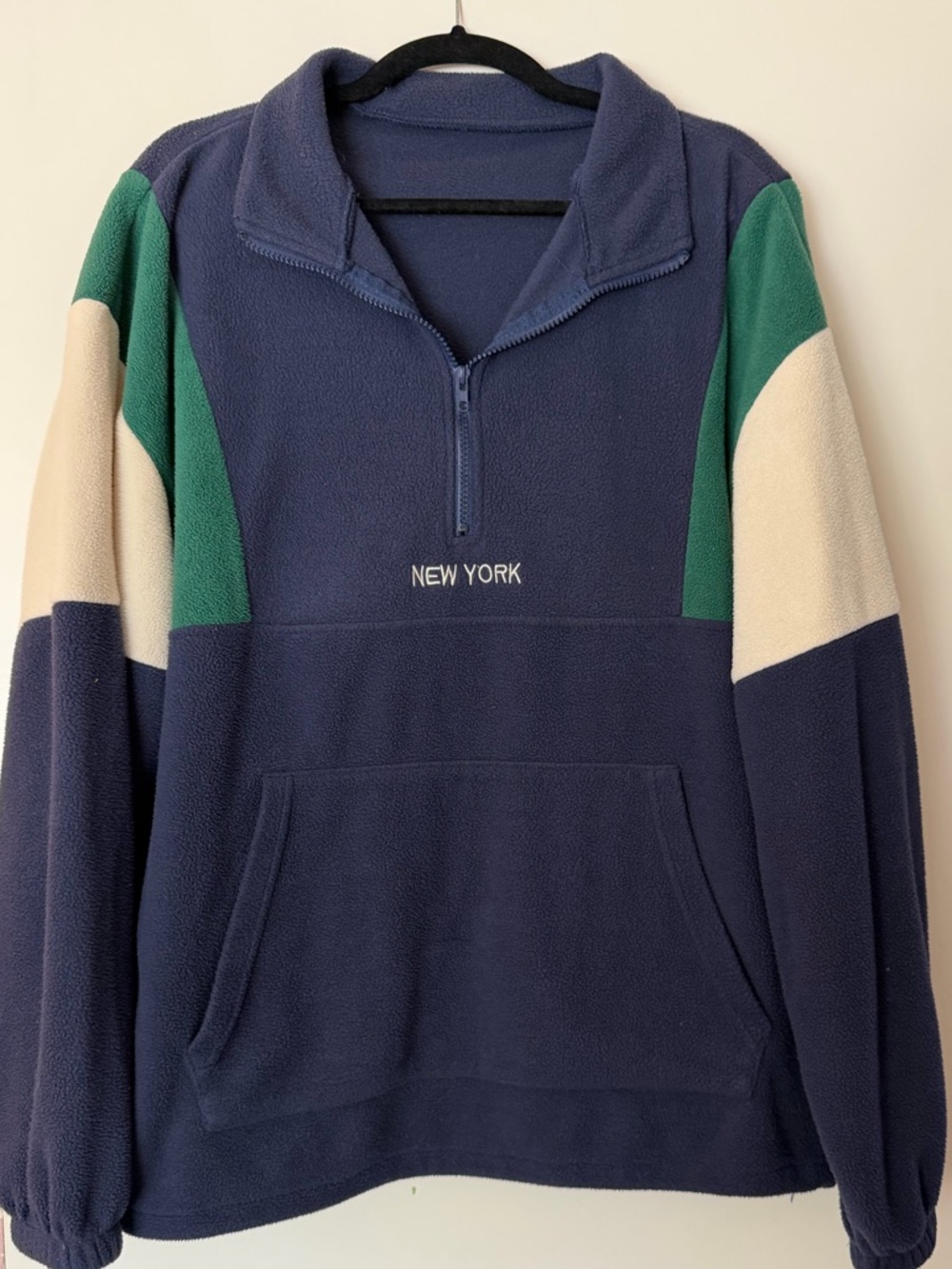 Zaful Navy Half-Zip Fleece Sweater with Green and Cream Panels
